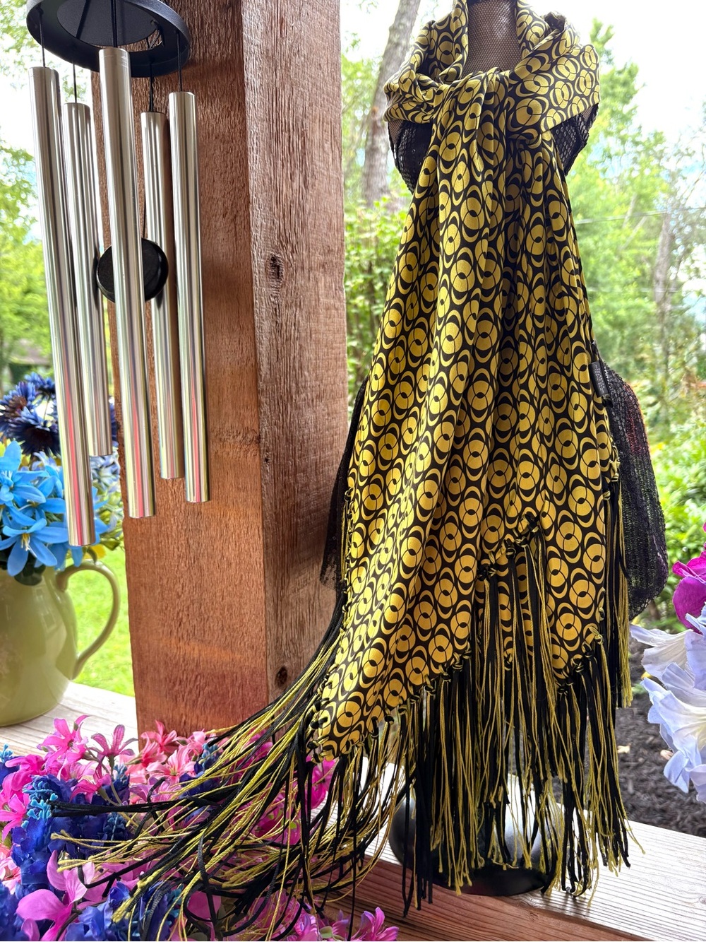 Juliana Collezione Golden Yellow & Black Geo Silk Scarf or Sash With 7” Fringe